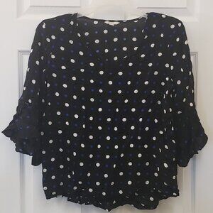 est 1946, Black blue white polka dot bell sleeve blouse, LG
